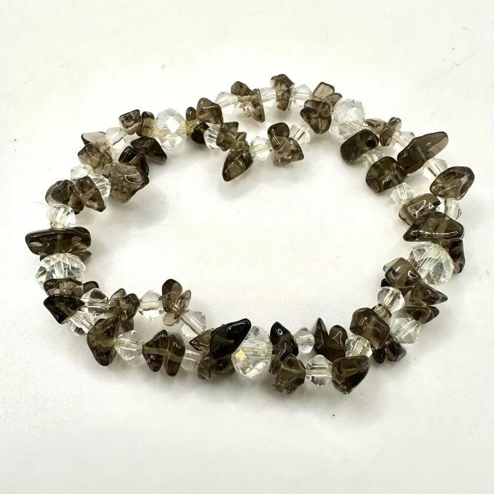 smoky and clear quartz stretchy double strand bracelet